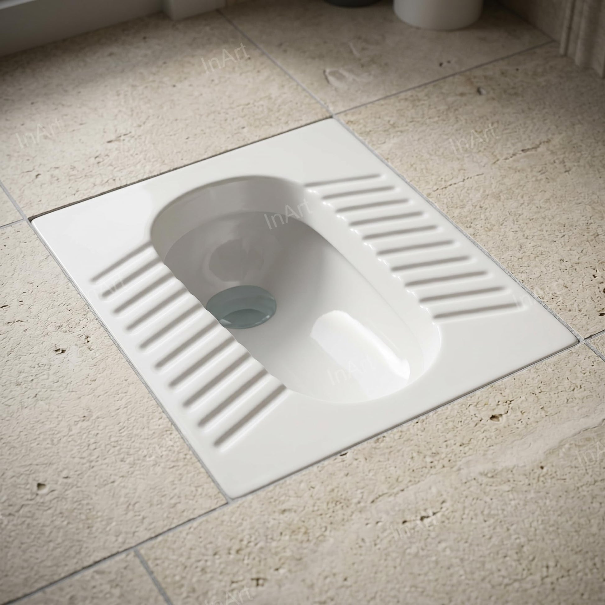 Ceramic squat pan glossy white finish, close-up of rim and water channel for easy cleaning