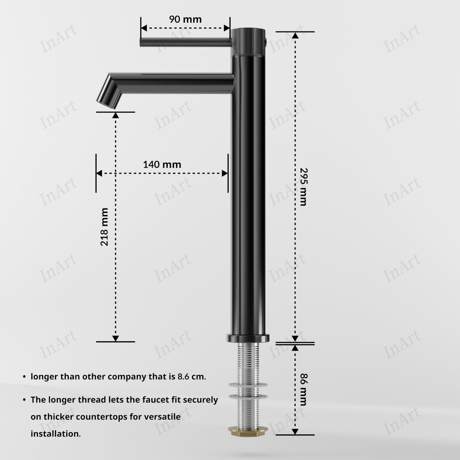 InArt pillar tap with 3 inch extended thread for thick countertop wash basin, close-up of threaded shank