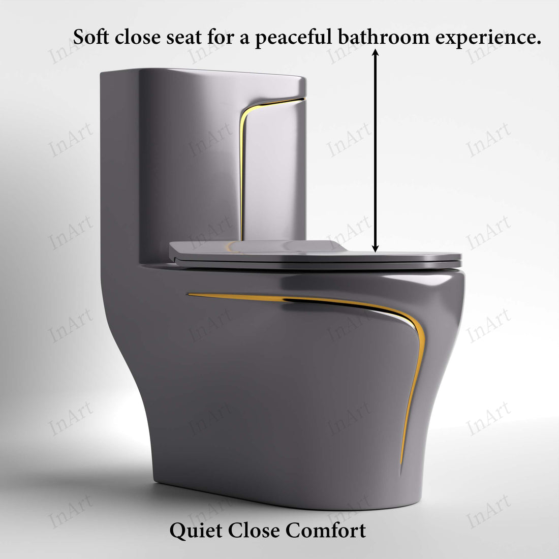 InArt ceramic one piece western toilet in glossy grey, oval rimless syphonic floor mounted commode front view
