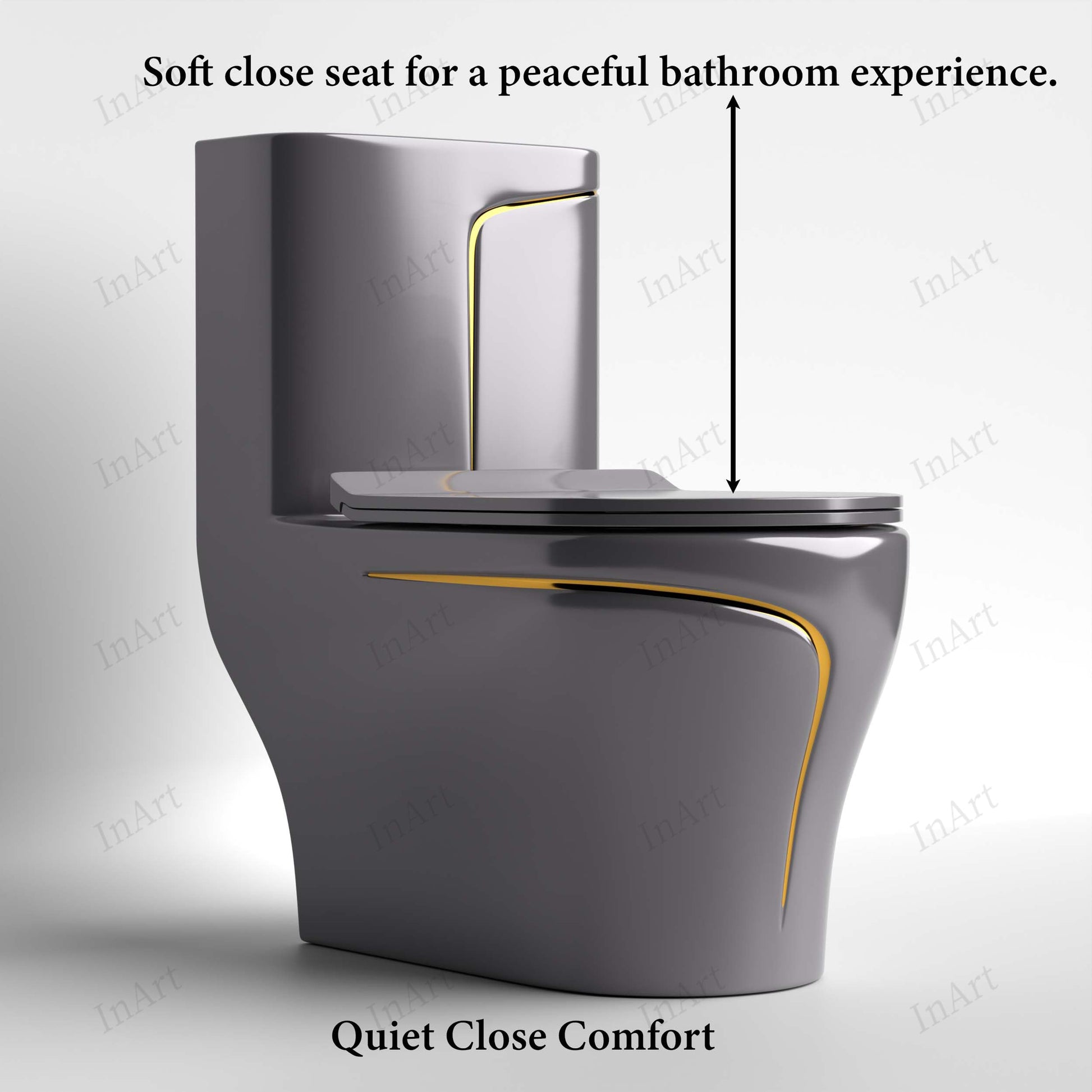 Ceramic floor mounted western toilet in glossy grey, one piece rimless design, left angle view for modern bathroom