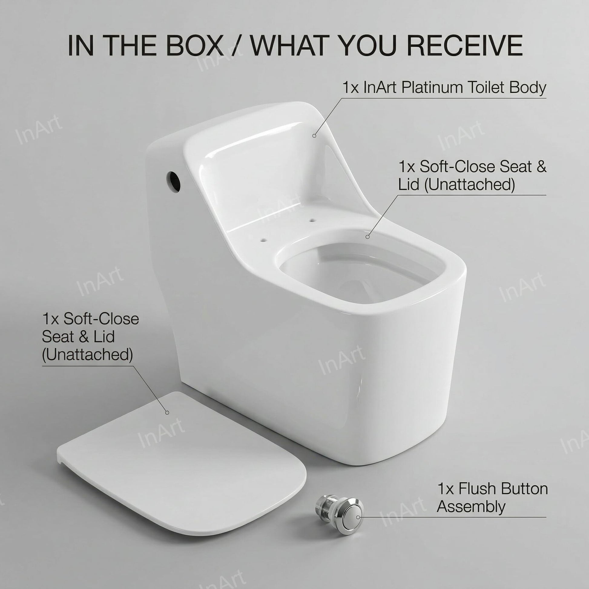InArt rimless one-piece western toilet installed in a modern Indian bathroom, glossy white ceramic commode