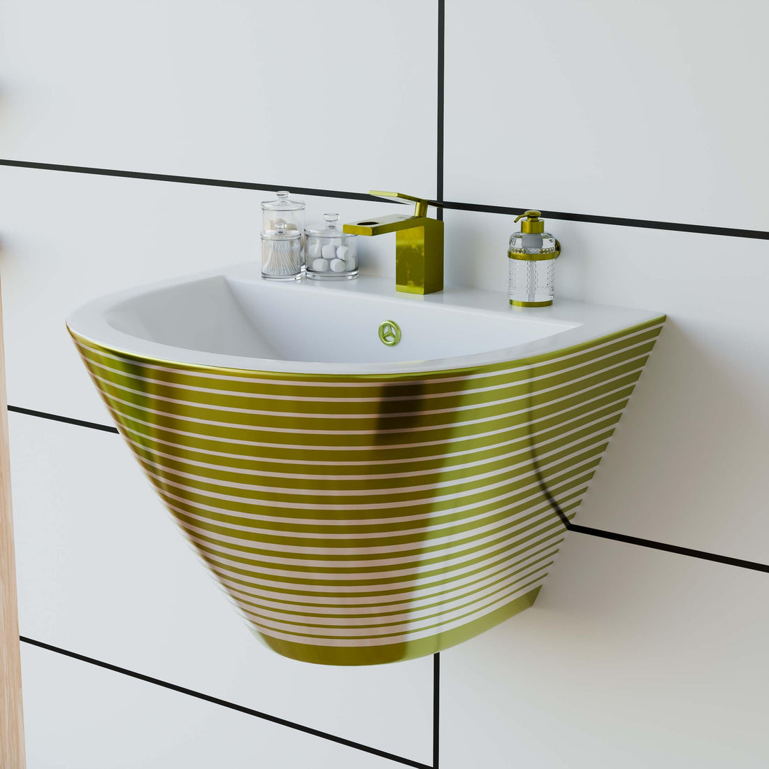 Cera half pedestal wash basin by InArt, ceramic rectangular wall hung basin in glossy white with gold trim
