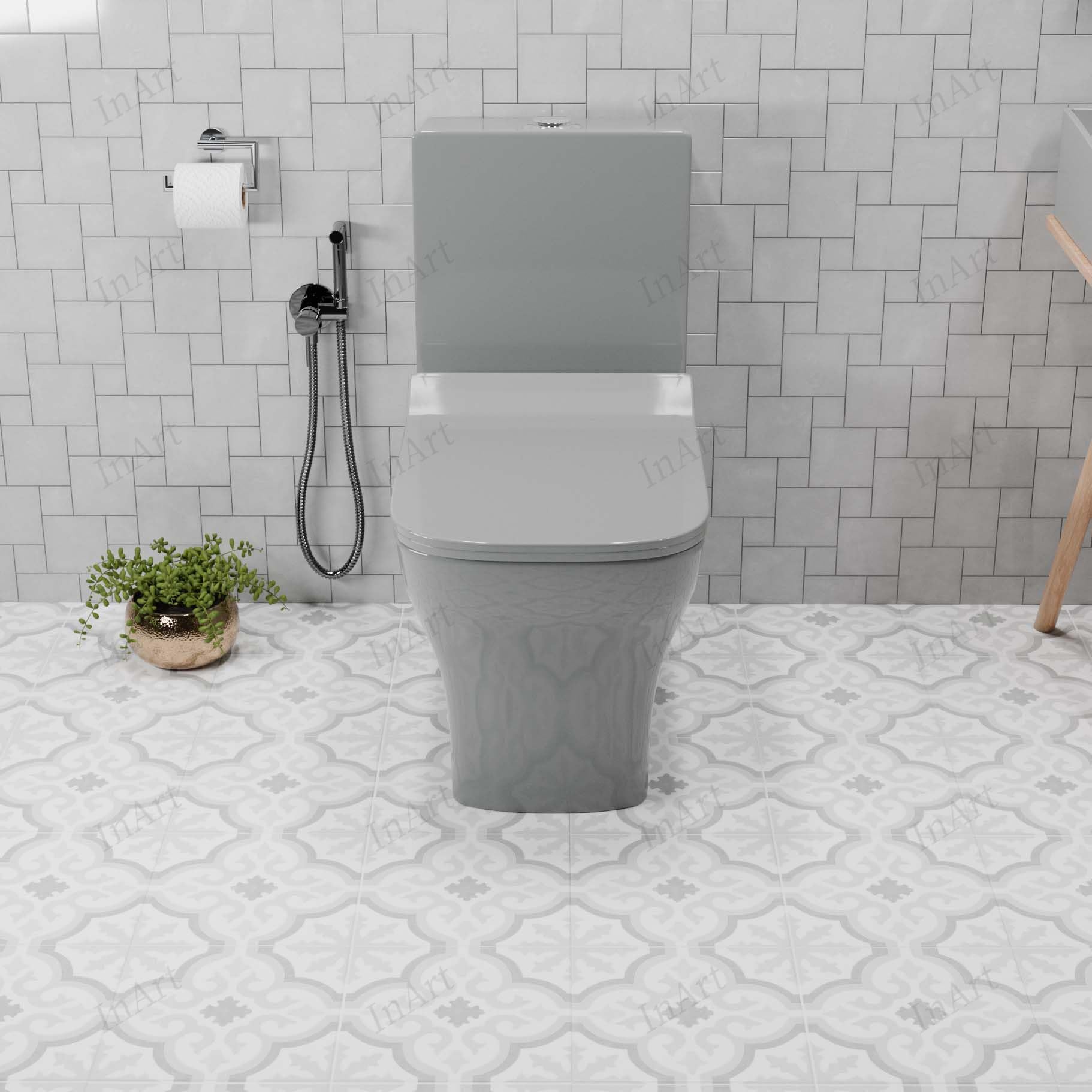 Top view of grey one piece commode bowl and rim, single piece closet for Indian bathroom with water-saving flush