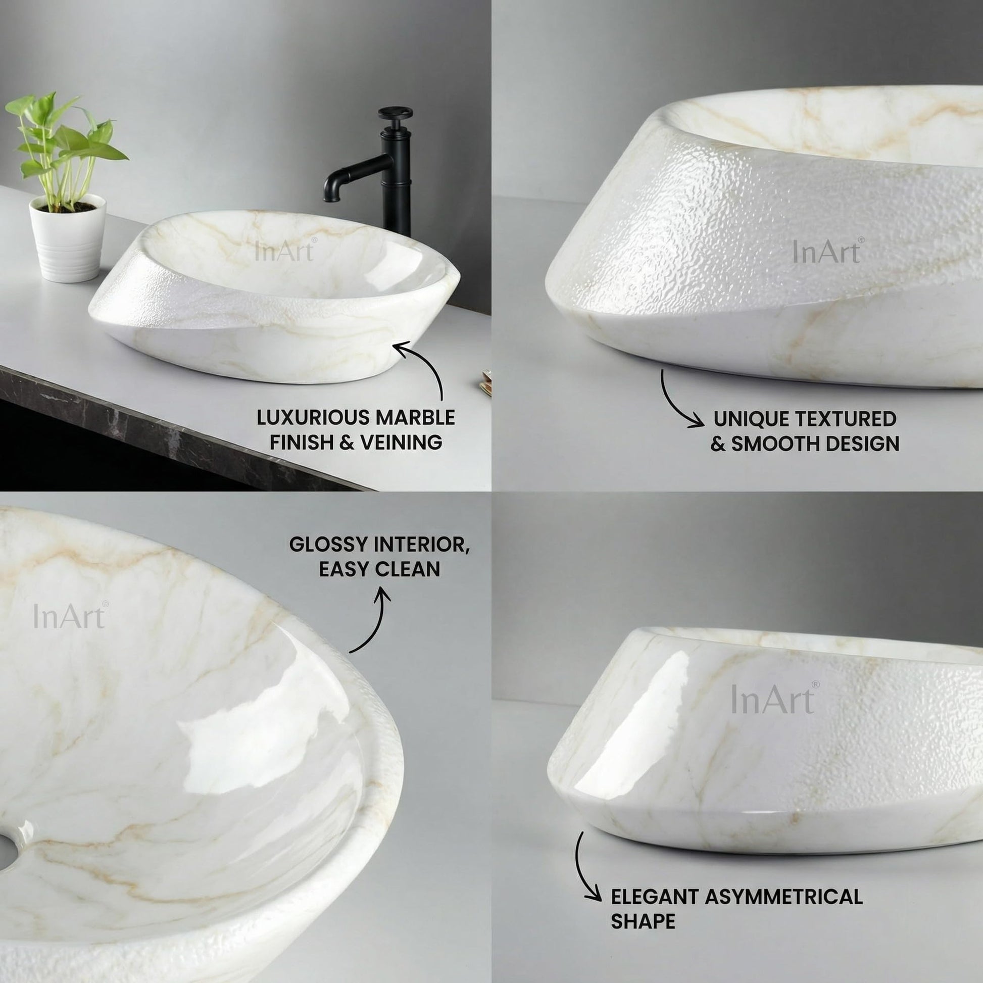 Modern bathroom ceramic wash basin designs, oval marble finish table top basin shown in 3/4 angle view
