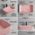 Modern wash basin countertop in pink ceramic, rectangular table top wash basin design, side angle