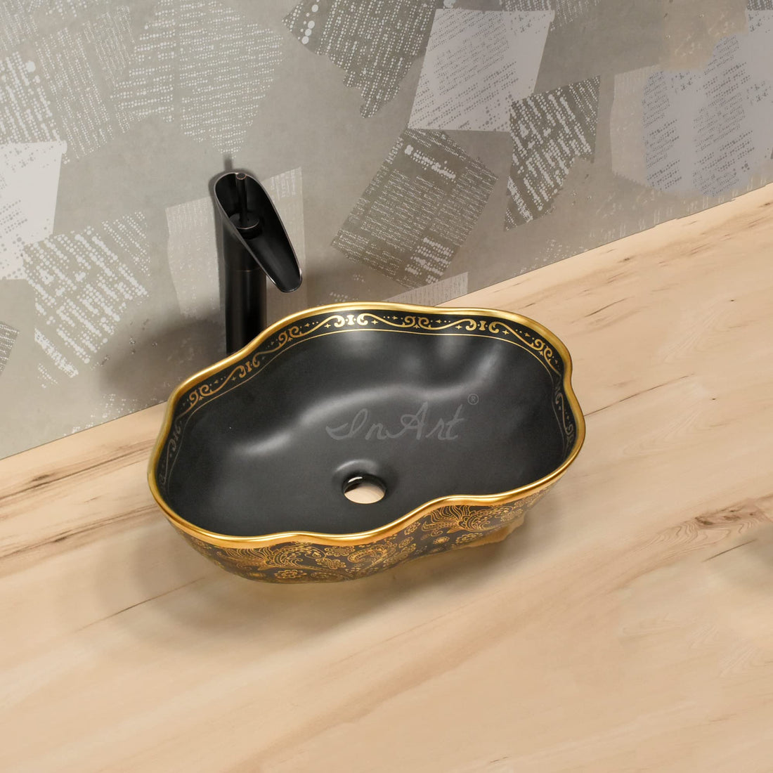 InArt rectangular table top wash basin in matte black ceramic, countertop front view