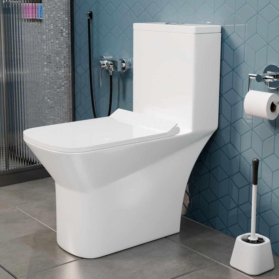InArt ceramic floor mounted western toilet commode in glossy white, elongated one piece design, front view