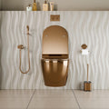 Rimless wall mounted toilet bowl detail in glossy rose gold ceramic, easy-clean oval wall hung WC pan