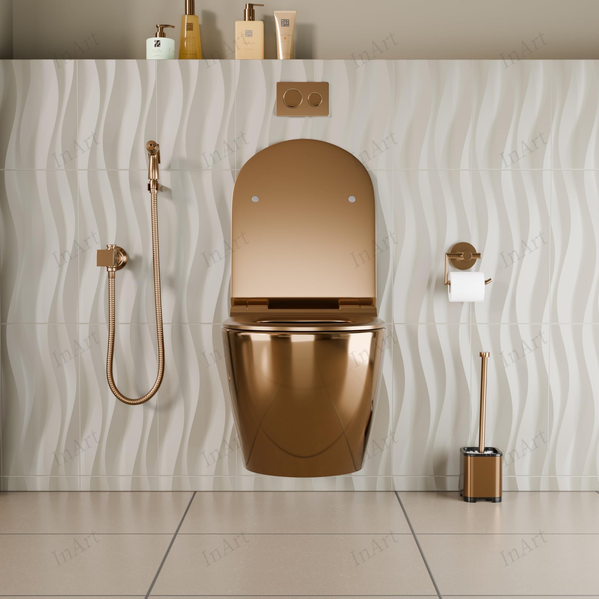 Rimless wall mounted toilet bowl detail in glossy rose gold ceramic, easy-clean oval wall hung WC pan
