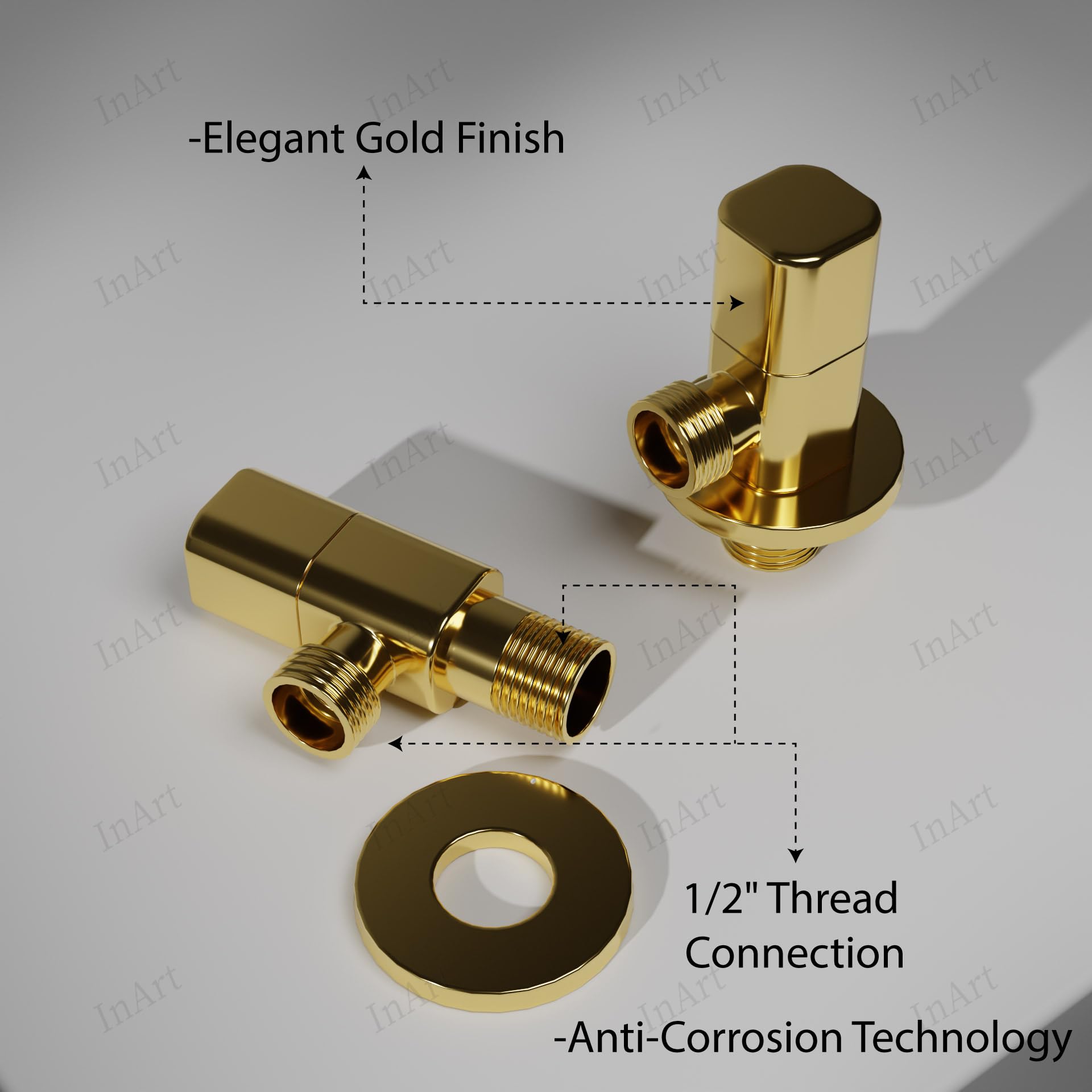 Wash basin angle valve connector, InArt brass gold angle valve for table top basin - close-up threads