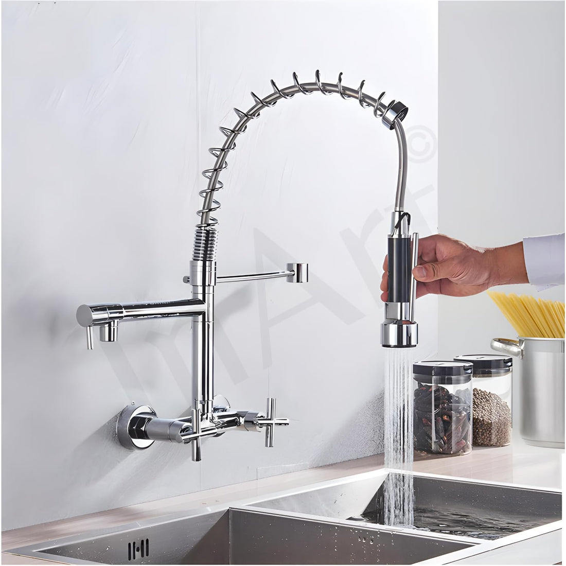 InArt wall mounted kitchen sink tap in chrome finish, metal pull-down sprayer mixer with hot and cold water