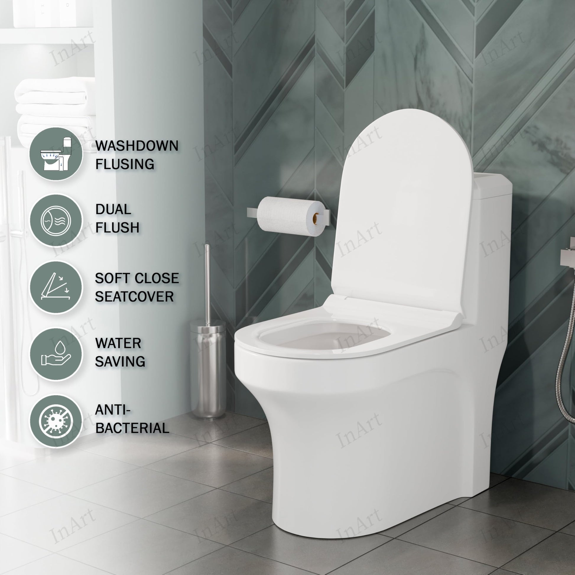 InArt wall mounted western toilet commode showing P-trap wall outlet, 7 inch floor distance detail