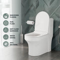 Close-up of soft close toilet seat and lid on glossy white single piece western commode