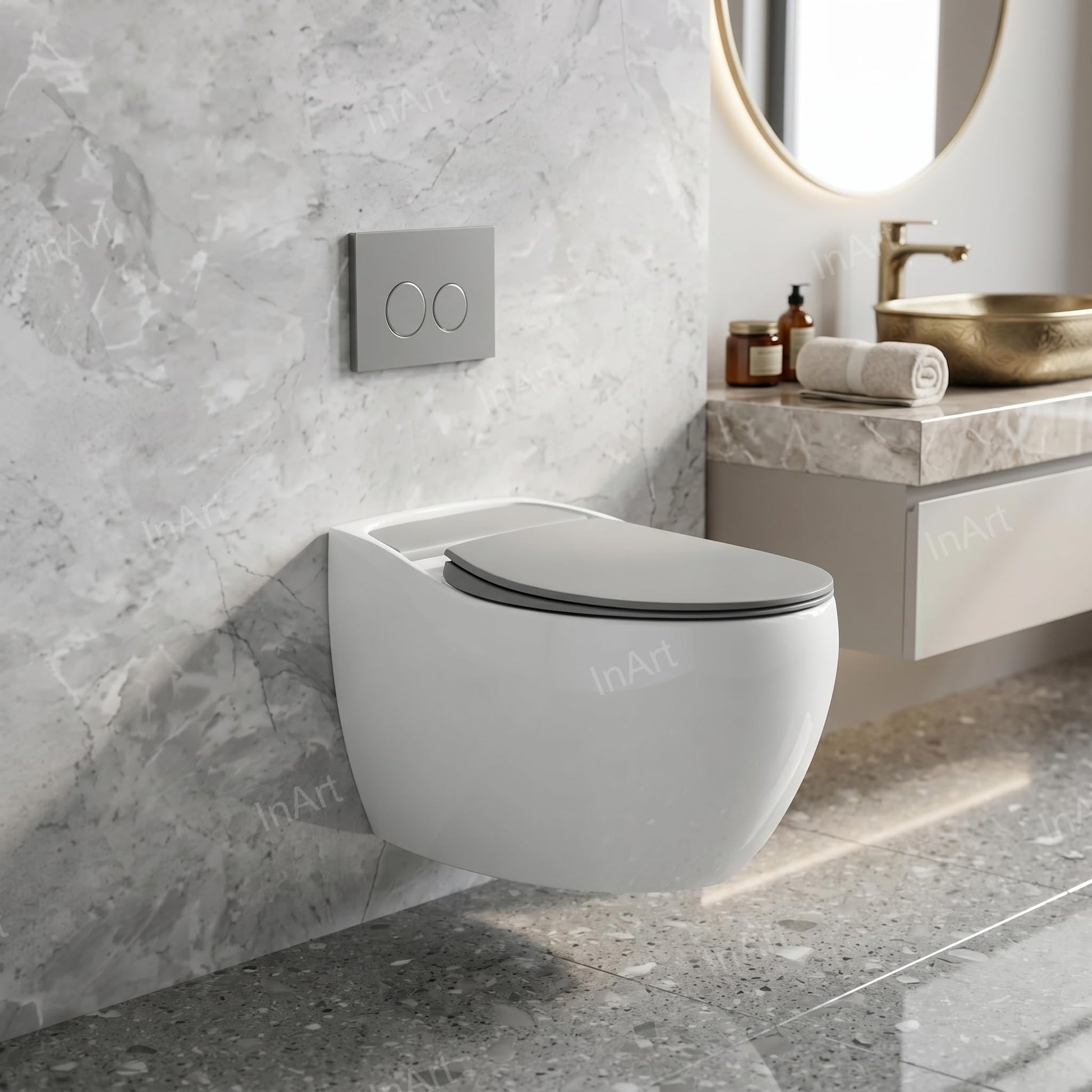 Close-up of glossy grey ceramic rim and bowl on InArt wall mount commode, premium sanitaryware detail
