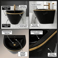 Small wash basin wall mounted in black ceramic with gold line, side angle showing half pedestal fit