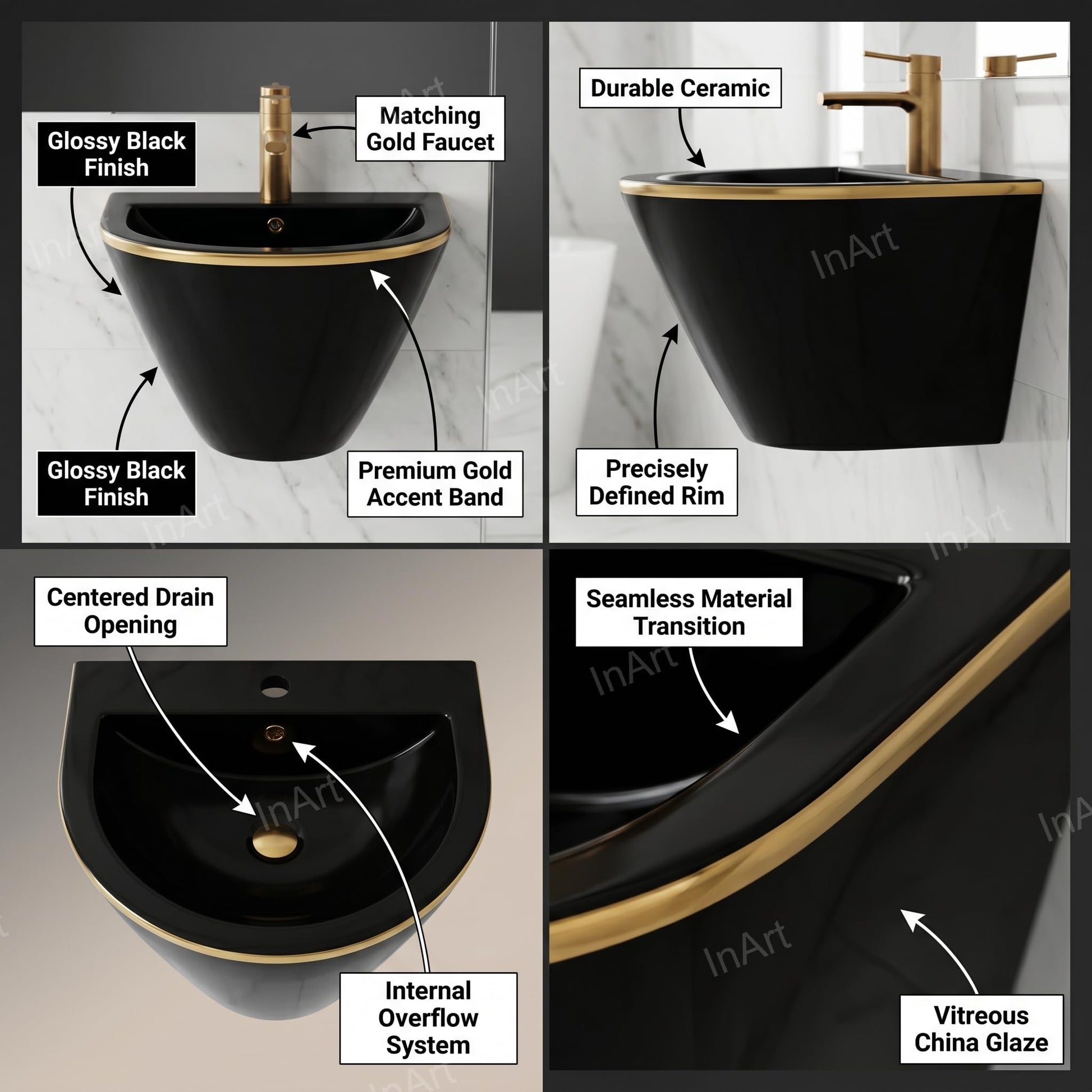 Small wash basin wall mounted in black ceramic with gold line, side angle showing half pedestal fit