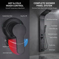 InArt matte black shower column close-up of mixer lever and diverter for hot and cold water