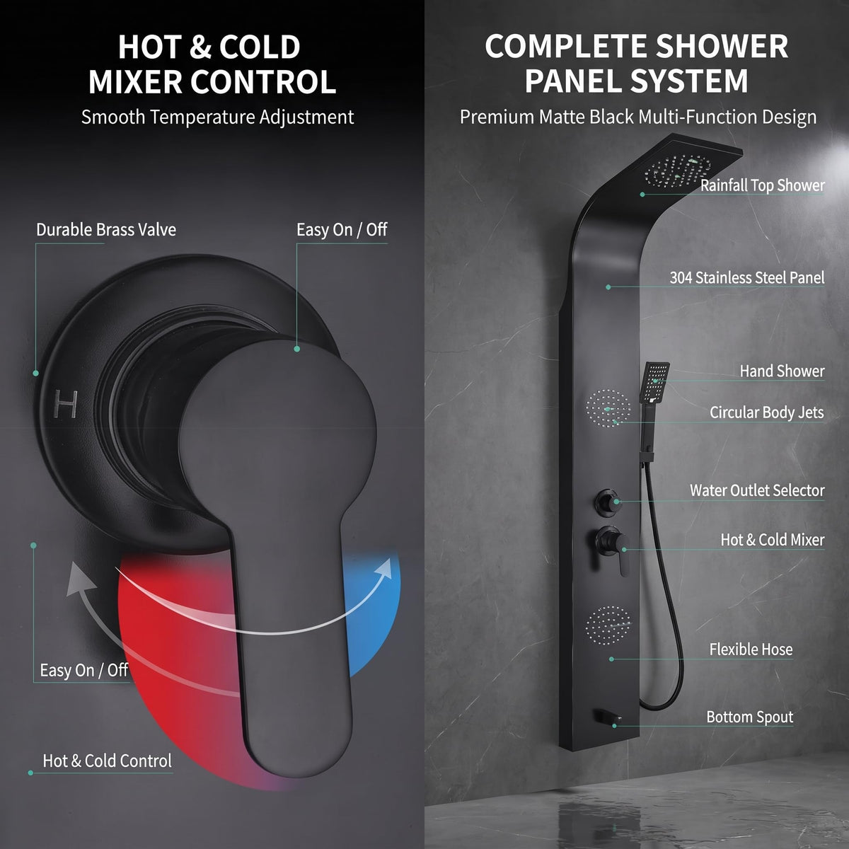 InArt matte black shower column close-up of mixer lever and diverter for hot and cold water
