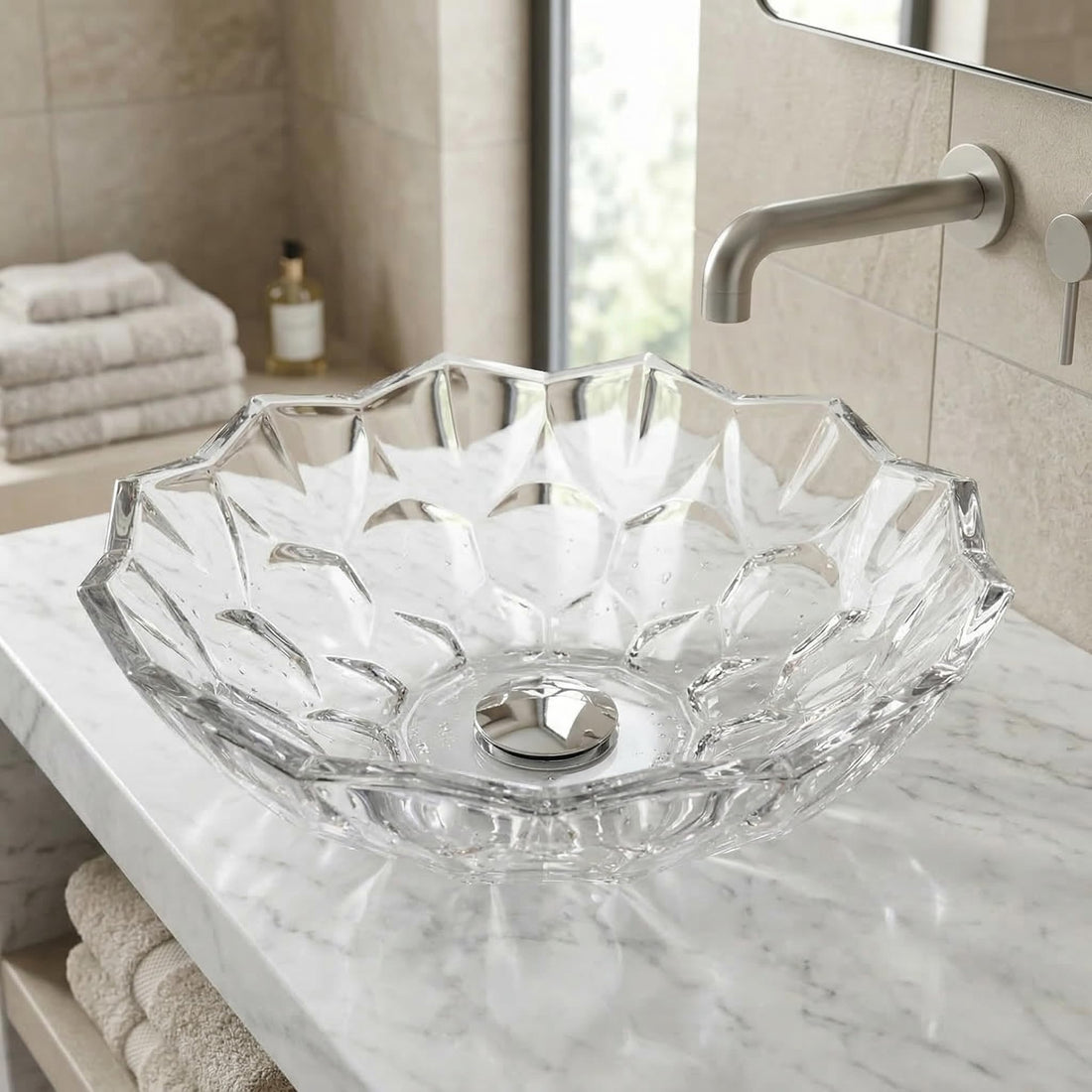 washbasindesign InArt transparent glass square table top wash basin, PrismCut clear geometric sink front view