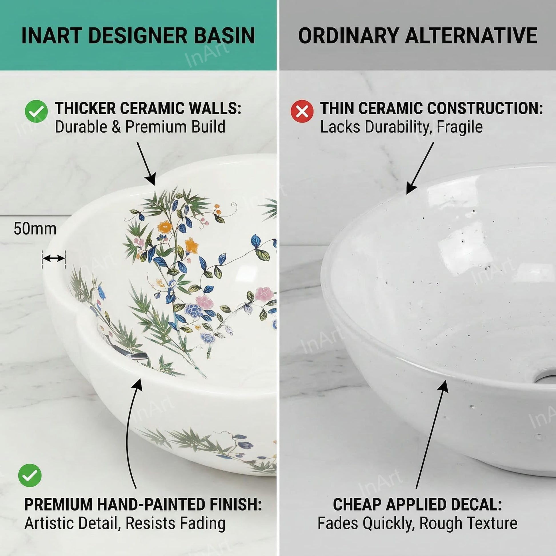 Table top wash basin round in bathroom interior, glossy white ceramic basin on vanity counter