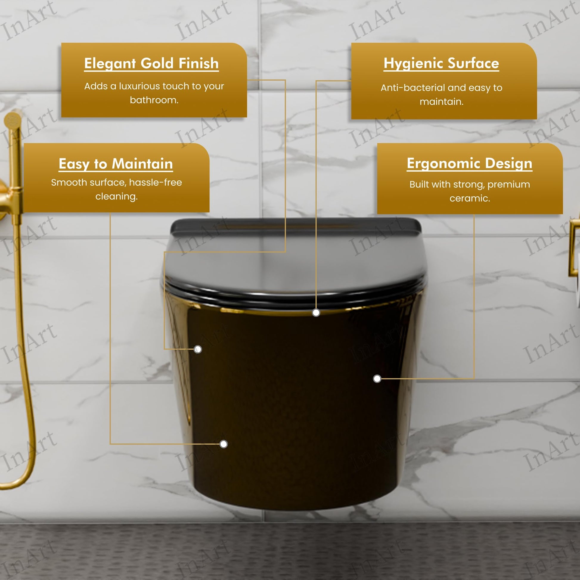 InArt European rimless wall hung WC, ceramic commode with P trap wall outlet in black gold for bathrooms