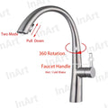 Pull out kitchen sink tap close-up of chrome aerator and sprayer head, multitask water flow modes