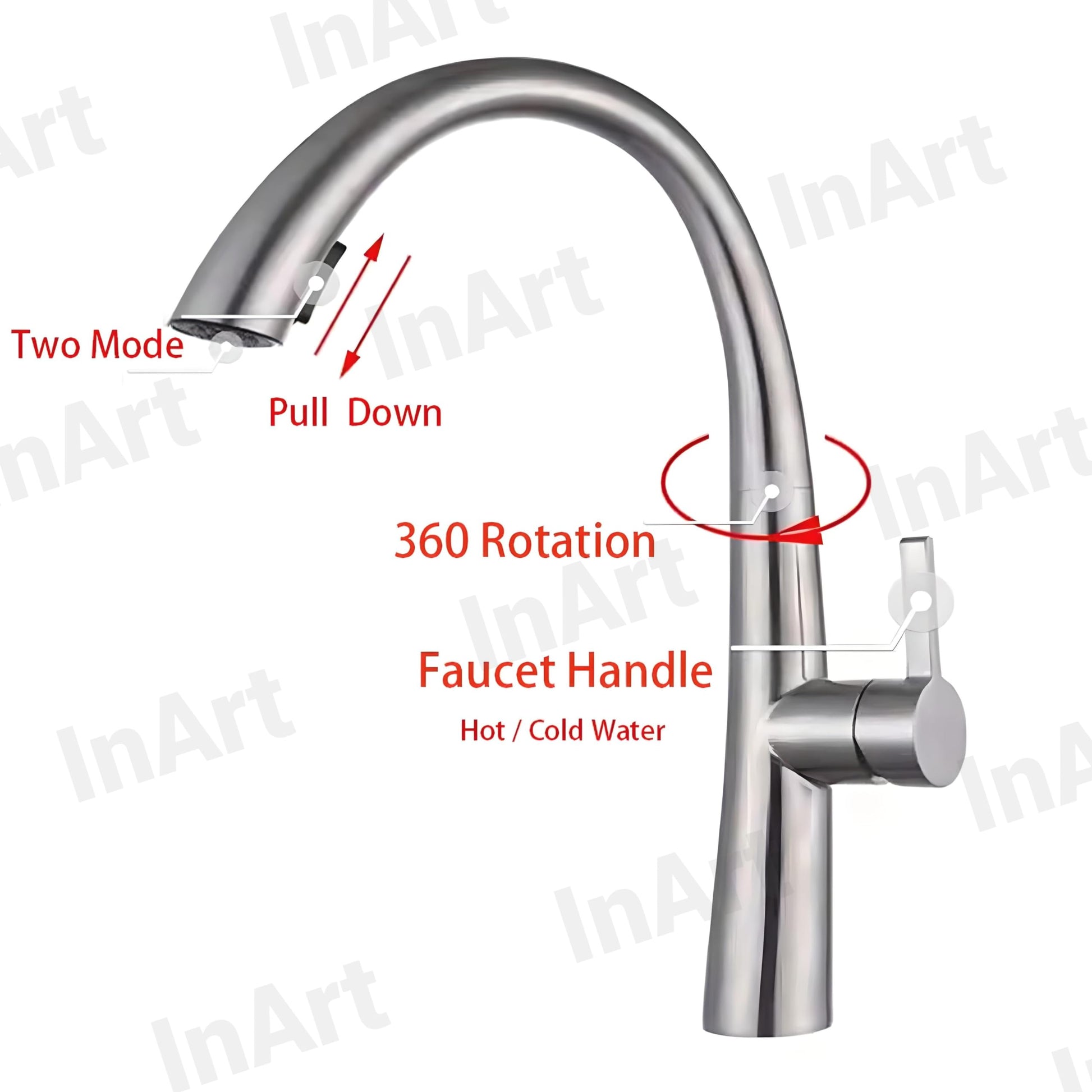 Pull out kitchen sink tap close-up of chrome aerator and sprayer head, multitask water flow modes