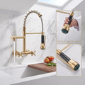 Single lever hot and cold mixer handle detail on gold finish kitchen wall tap