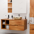 Table top wash basin cabinet design idea, gold ceramic rectangular basin paired with vanity counter for washroom