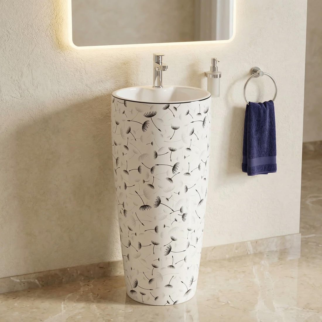 InArt ceramic pedestal wash basin, round free standing design in glossy white with black floral print