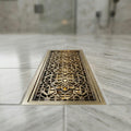 Antique bronze finish brass drain jali grille pattern detail, durable square bathroom and kitchen use