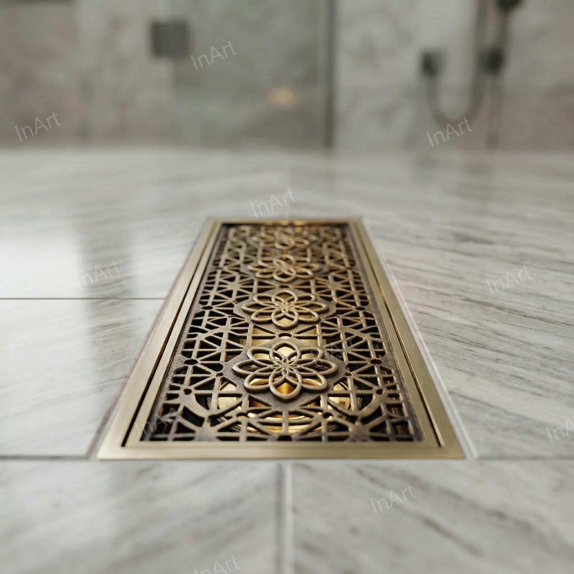 Antique bronze finish brass drain jali grille pattern detail, durable square bathroom and kitchen use