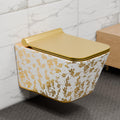 InArt ceramic square wall mounted commode with golden leaf pattern, wall hung western toilet front view