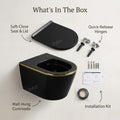 Oval wall hung water closet in black gold, modern bathroom sanitaryware with concealed cistern setup