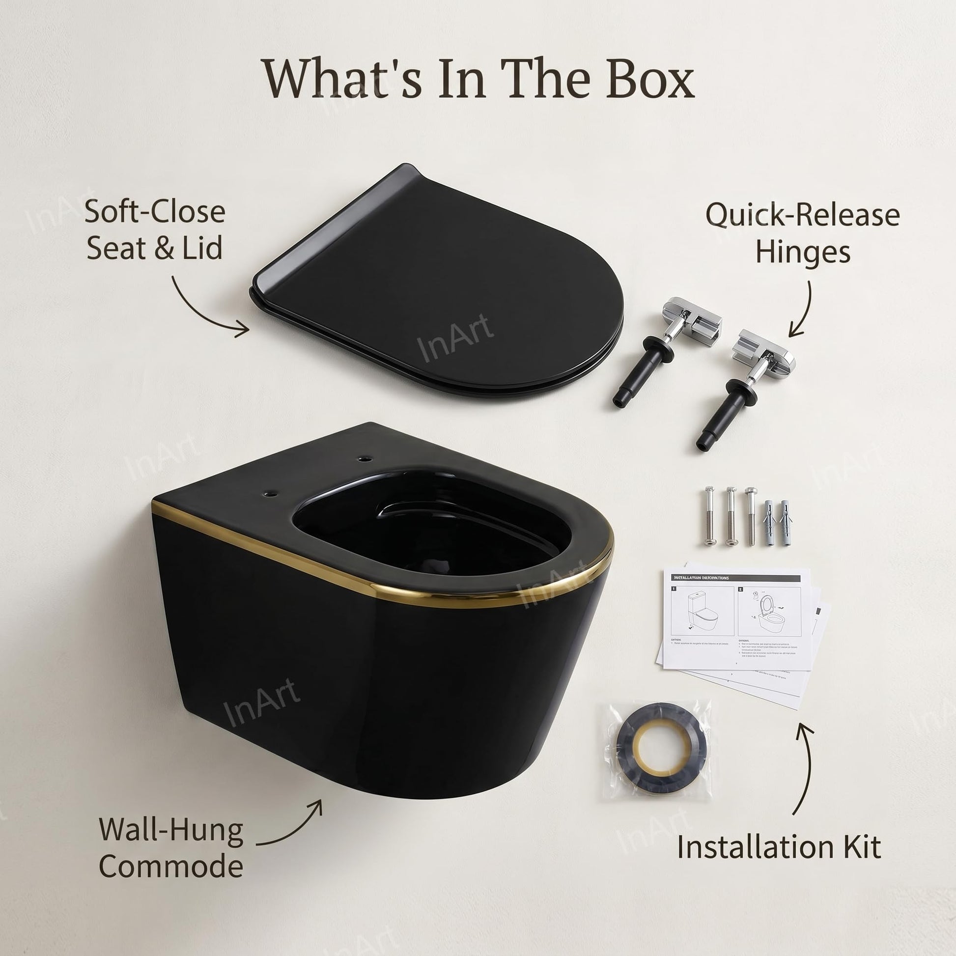 Oval wall hung water closet in black gold, modern bathroom sanitaryware with concealed cistern setup