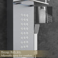 Wall mounted shower tower, right angle view showing mixer control knobs, diverter and glass shelf