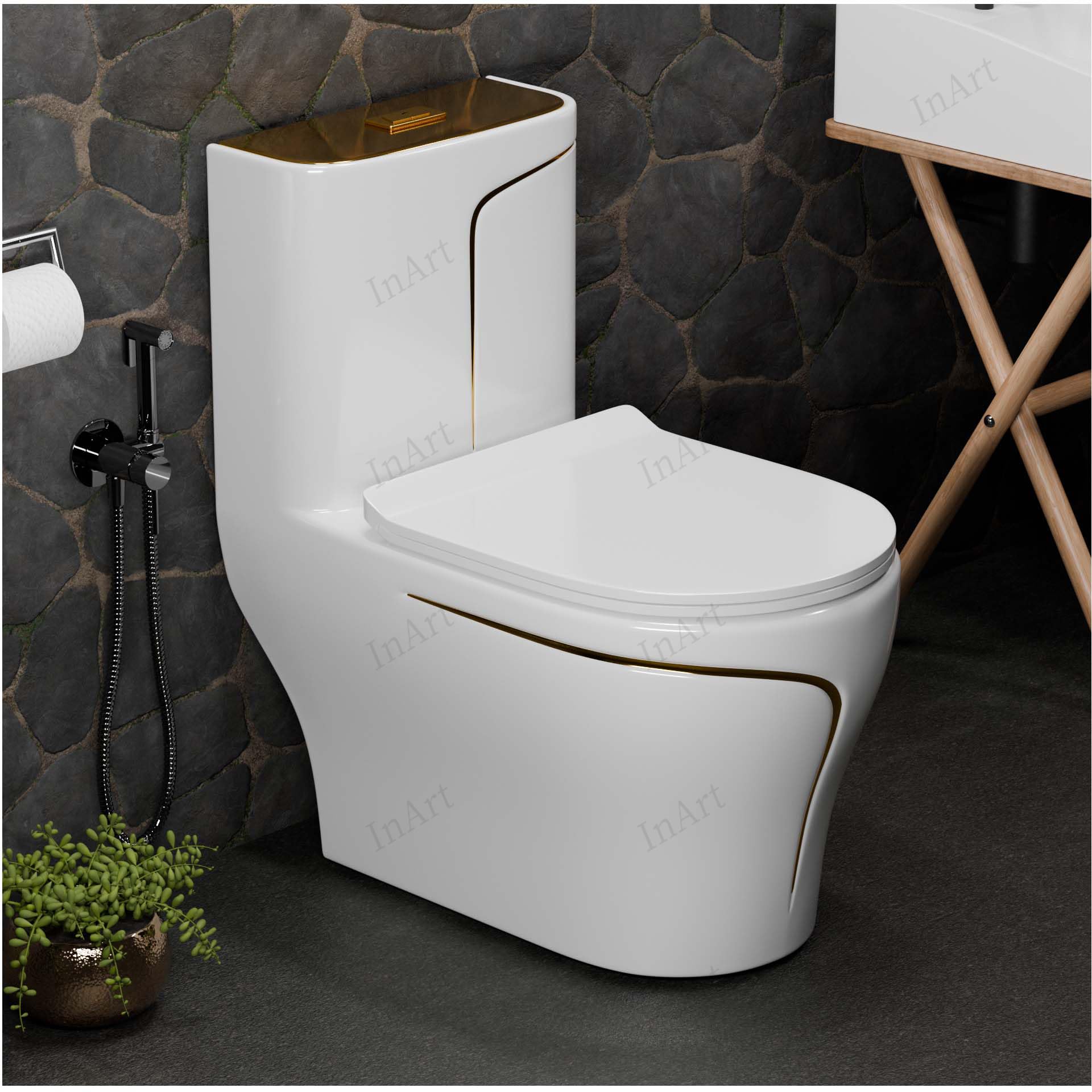 Ceramic floor mounted western toilet for modern bathroom interior, elongated one piece WC in white with gold finish