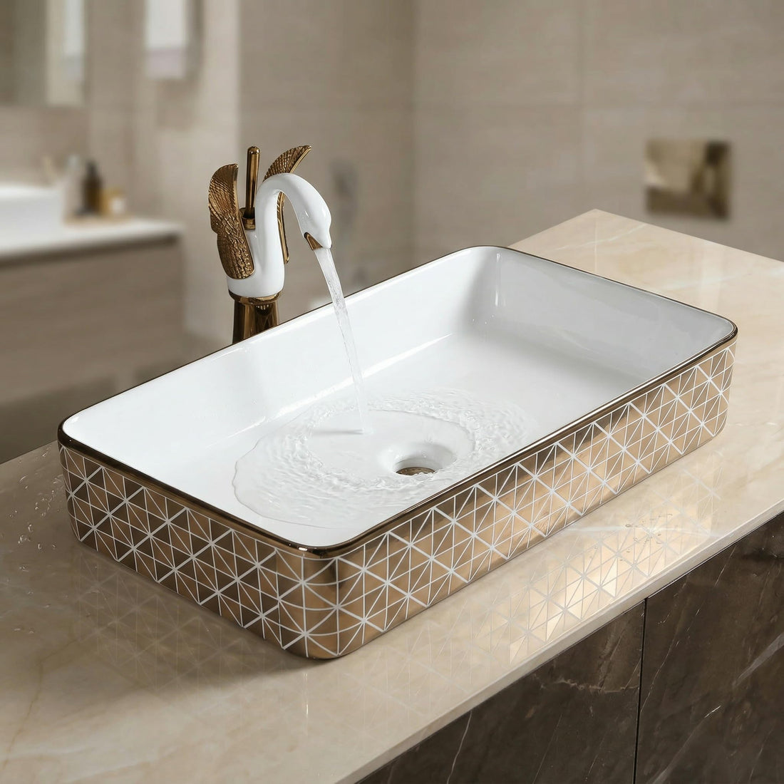 washbasindesign InArt ceramic rectangular table top wash basin in glossy gold finish, front view