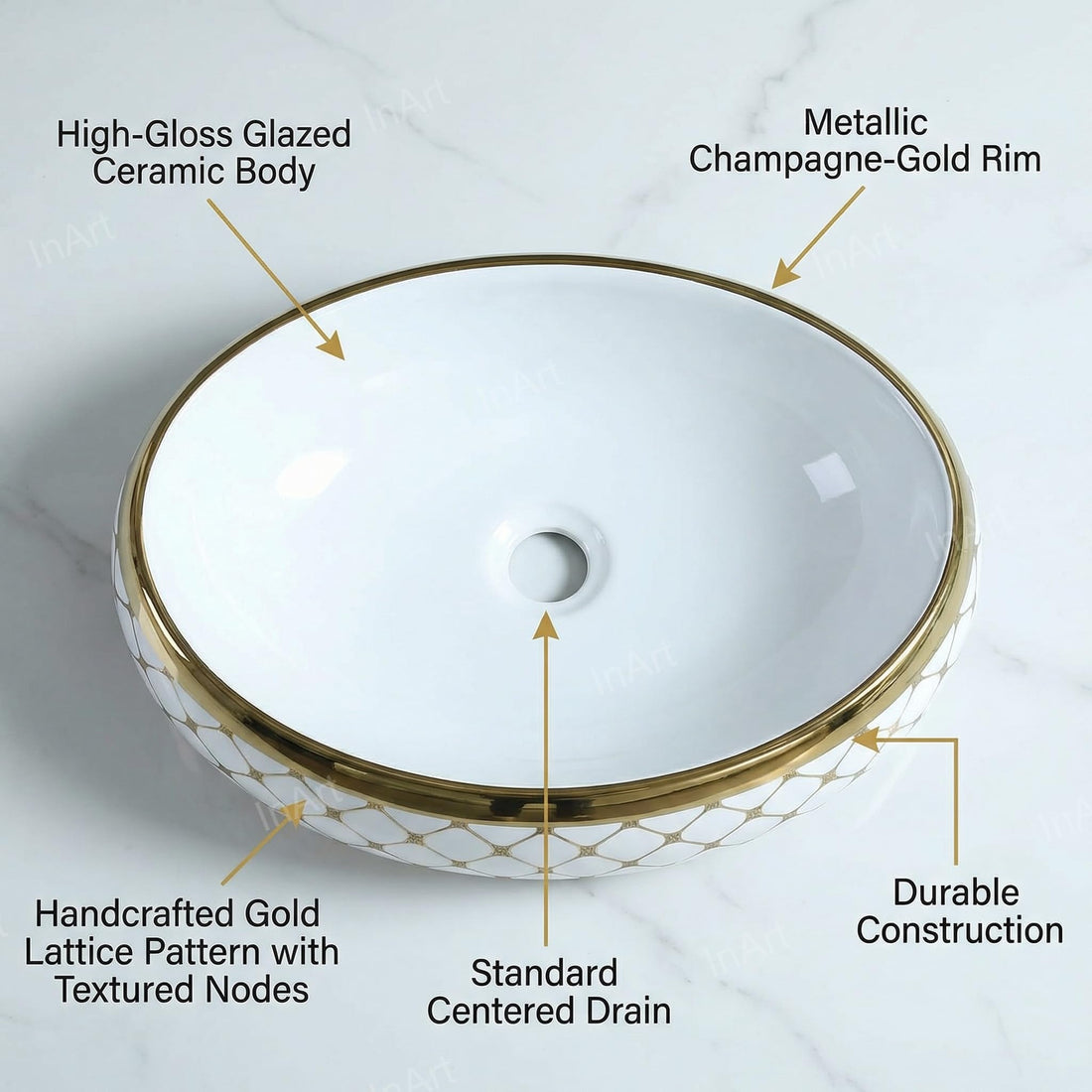 InArt ceramic table top wash basin, oval glossy white with golden rim, main front view