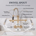 Side view showing 360 swivel spout movement on wall-mounted brass kitchen mixer tap