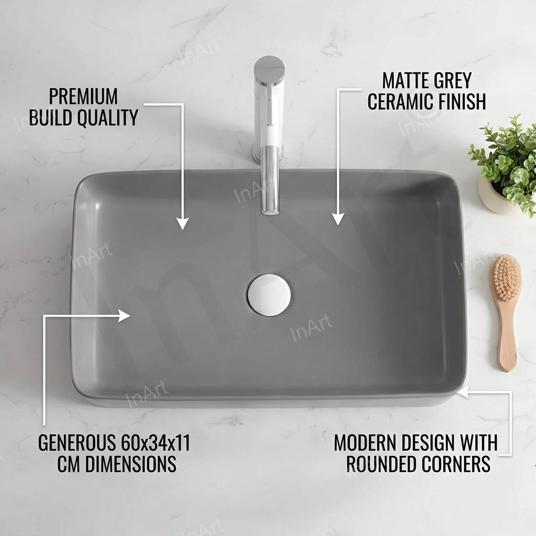 InArt ceramic table top wash basin, matt grey rectangular counter top basin, 60x34cm front view