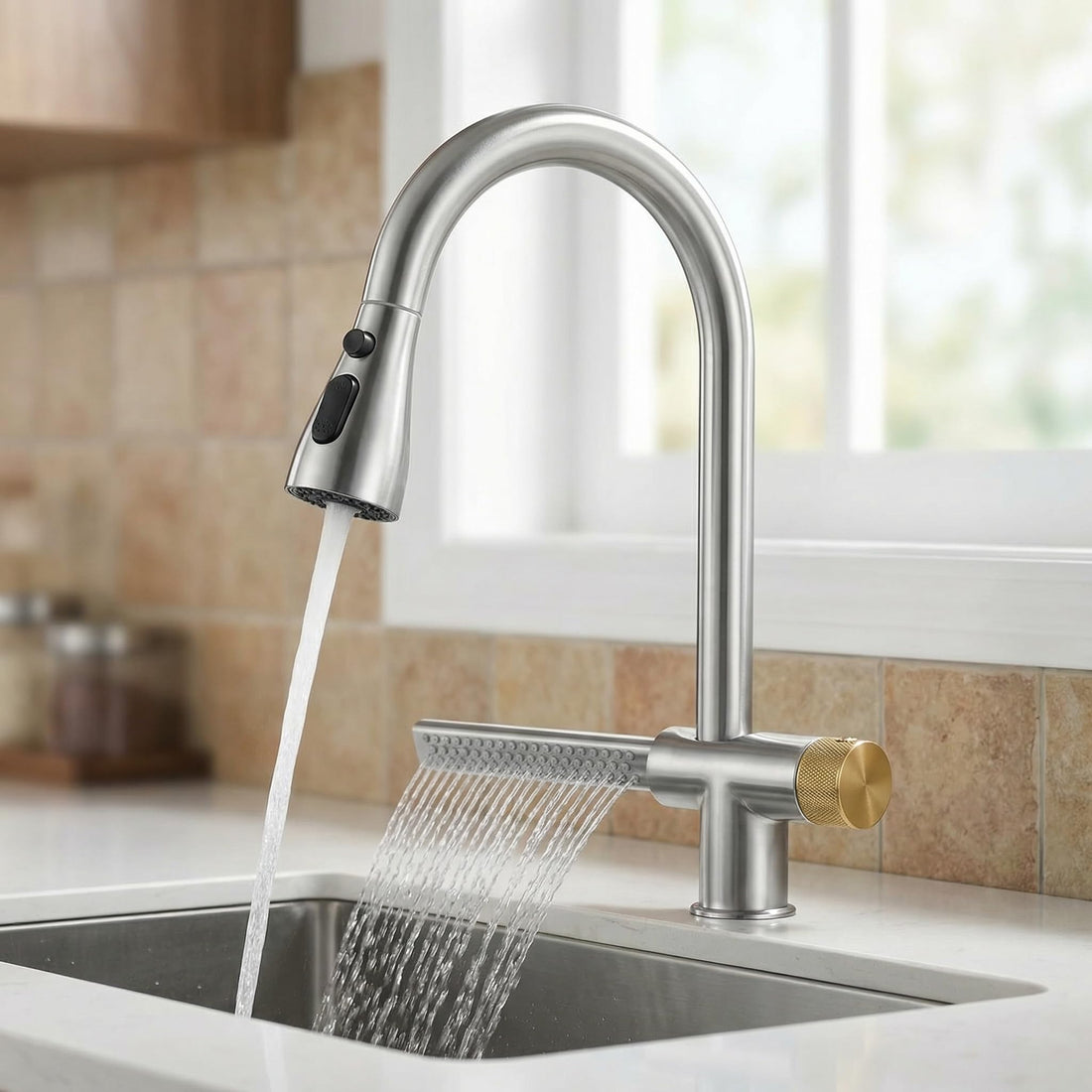 InArt brass kitchen sink faucets with sprayer, chrome pull out mixer tap with 360° rotatable spout