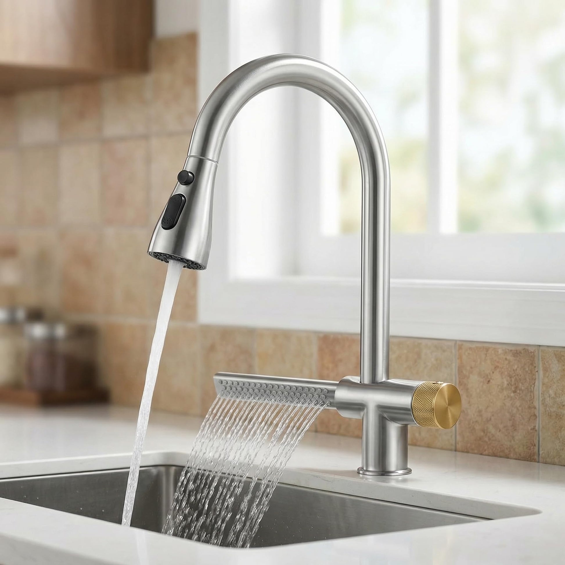 InArt brass kitchen sink pull out tap in chrome finish, 360° rotatable waterfall mixer for modern kitchens