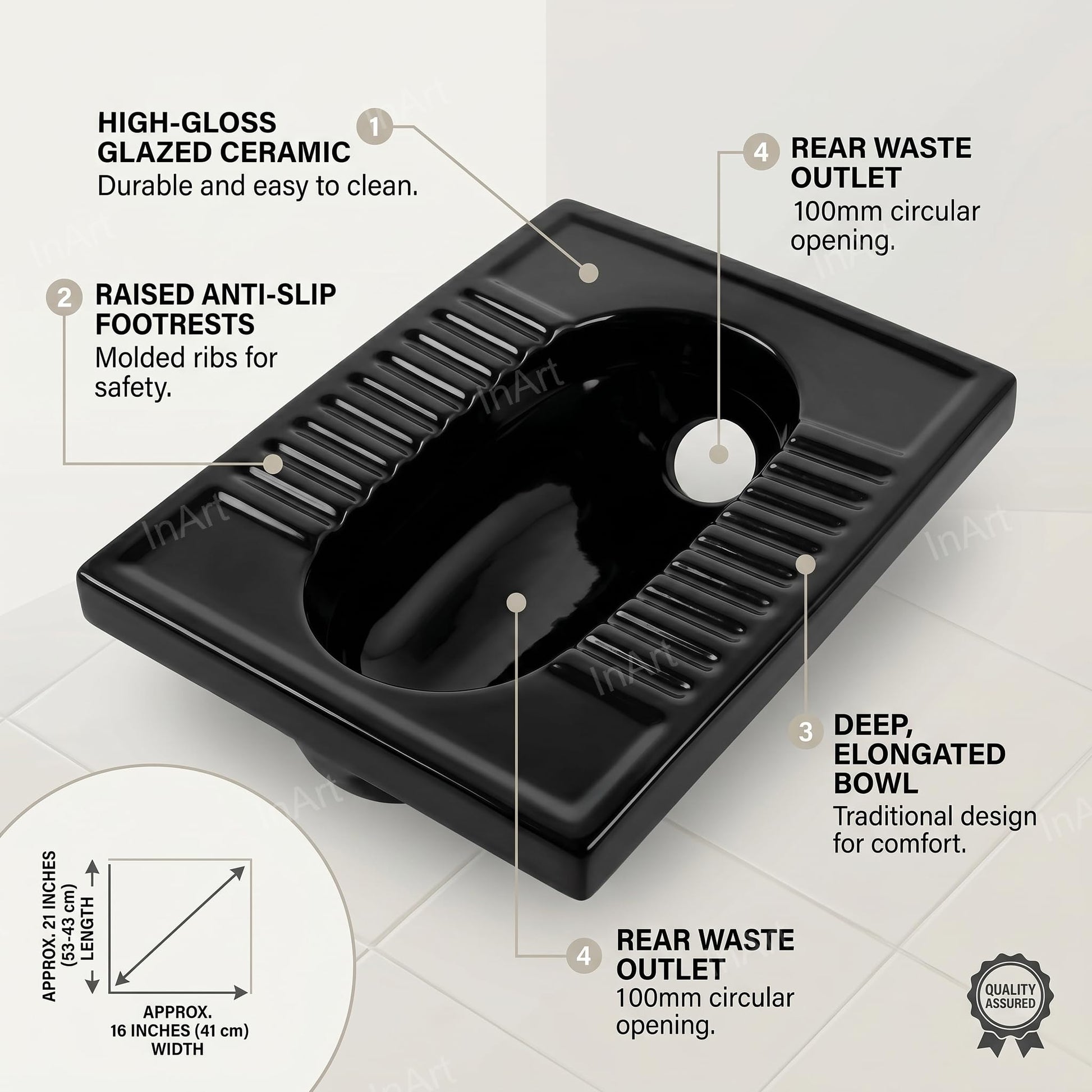 Top view of 21 inch Indian toilet pan with clean glazed ceramic surface