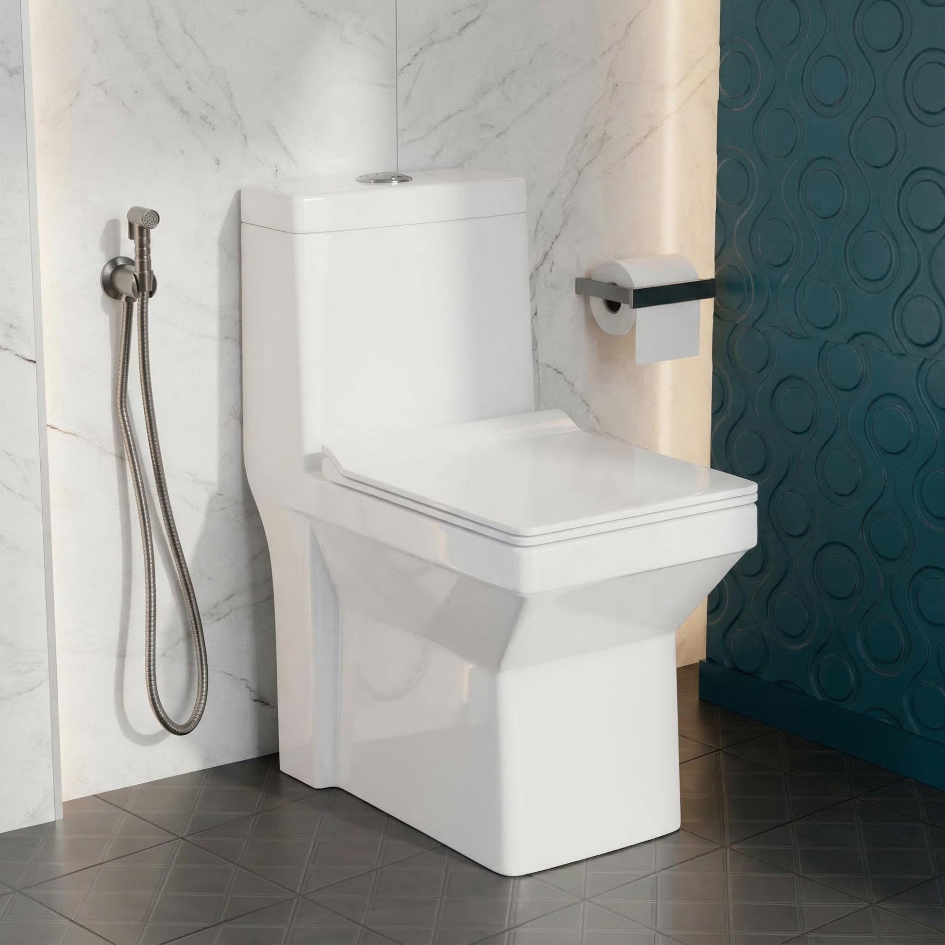 InArt single piece western toilet in glossy white ceramic, square one-piece floor mounted commode front view
