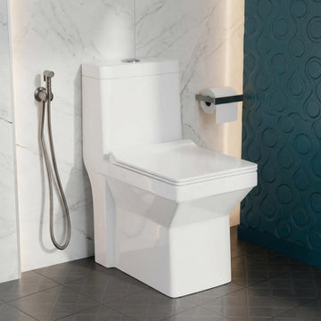 InArt single piece western toilet in glossy white ceramic, square one-piece floor mounted commode front view