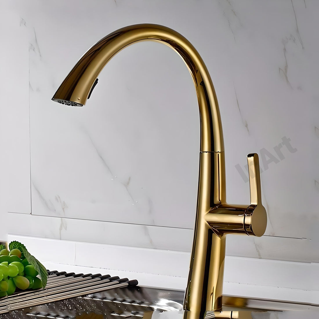 Pull out kitchen spray tap by InArt in stainless steel gooseneck swivel spout, gold finish, main view