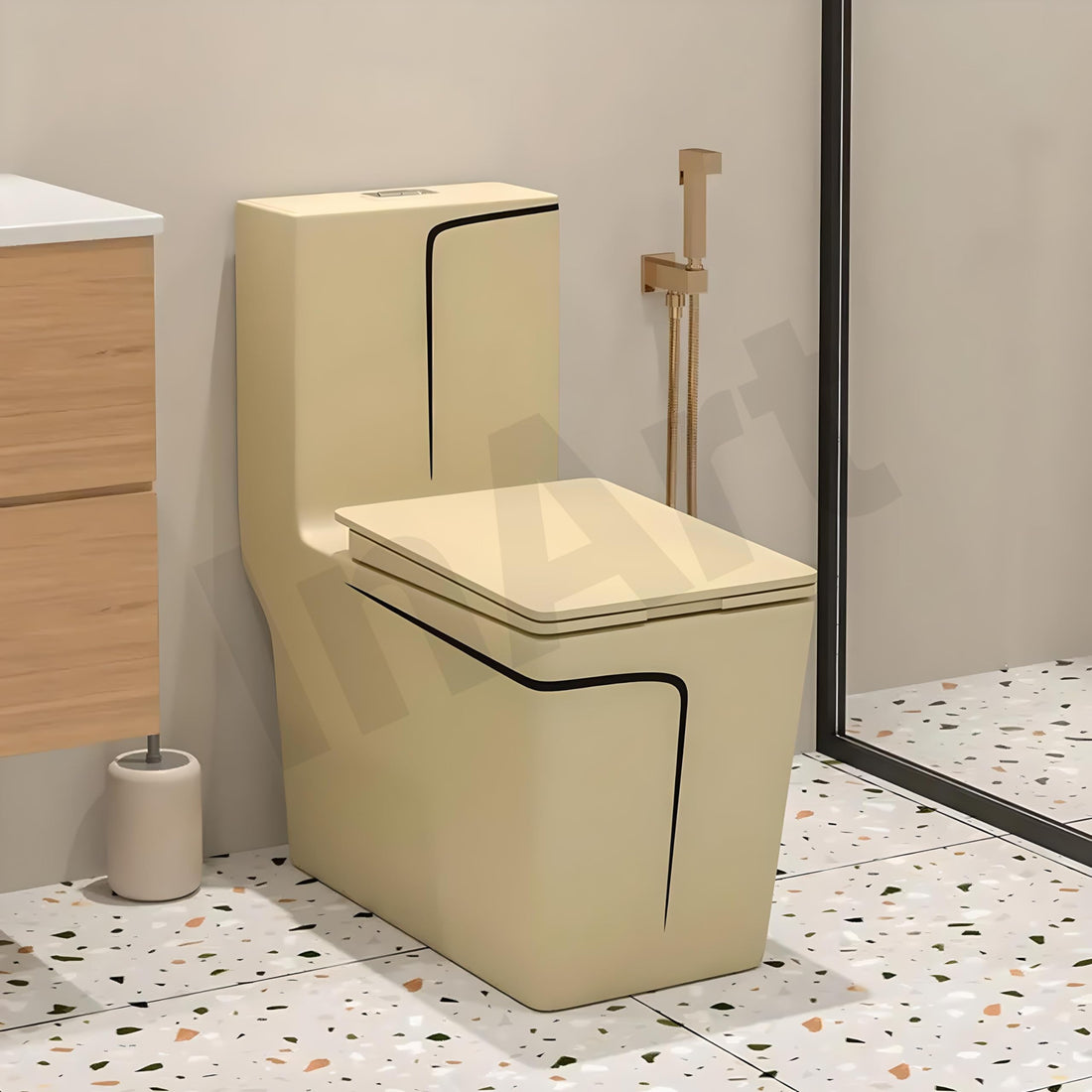 InArt single piece western toilet in ceramic, elongated European WC, khaki matte finish, floor mounted S-trap