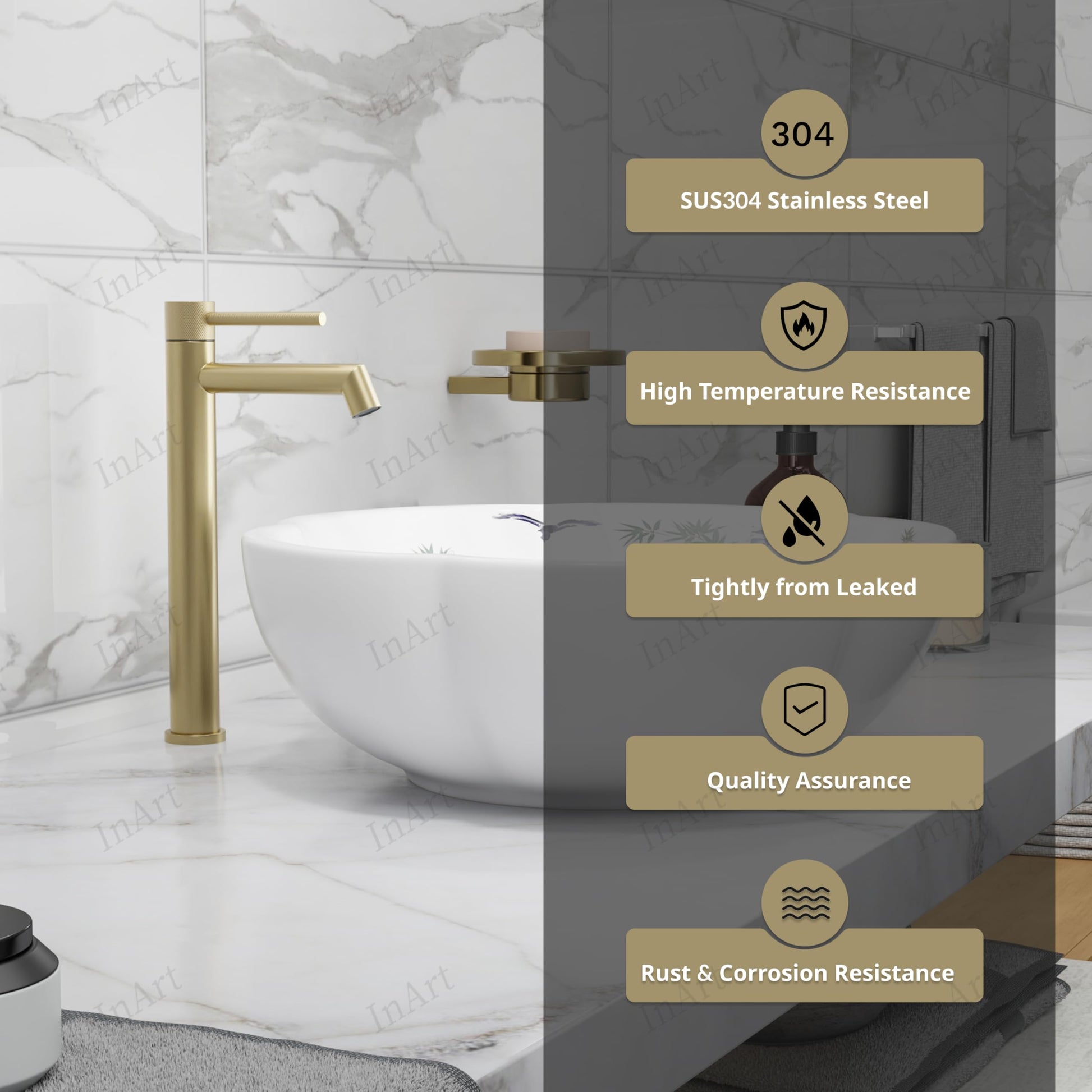 Extra tall pillar tap for wash basin, brushed gold high neck basin tap shown at side angle for table top basin