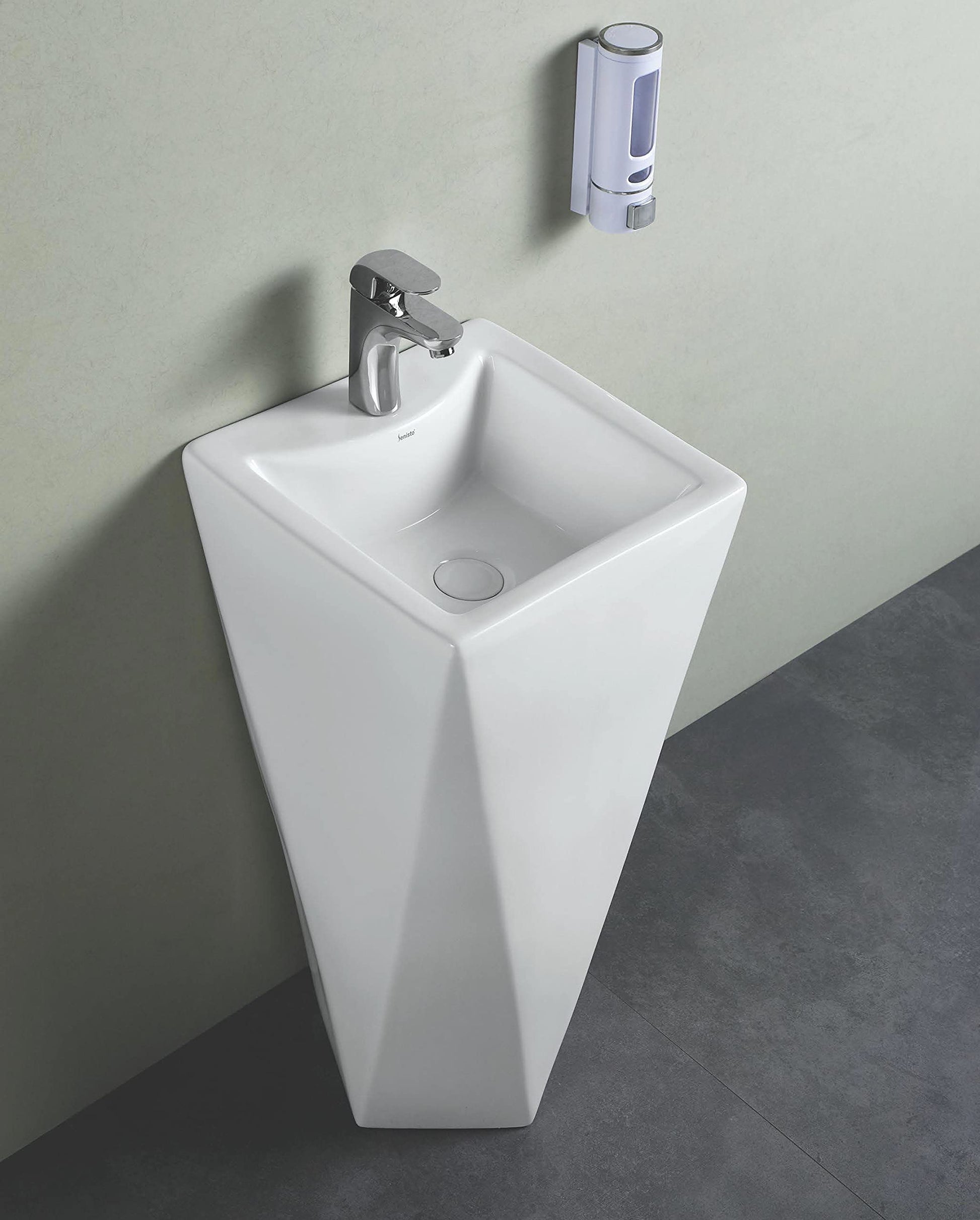 InArt ceramic pedestal wash basin, square free standing glossy white wash basin and pedestal for bathroom